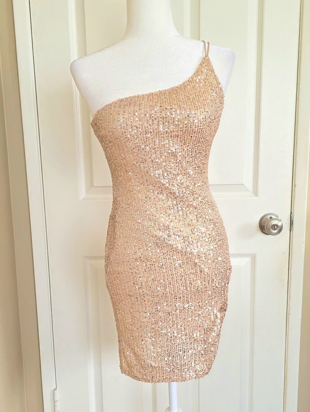 Crystal Sky Rose Gold Sequin One Shoulder Mini Dress Prom Homecoming - Size S